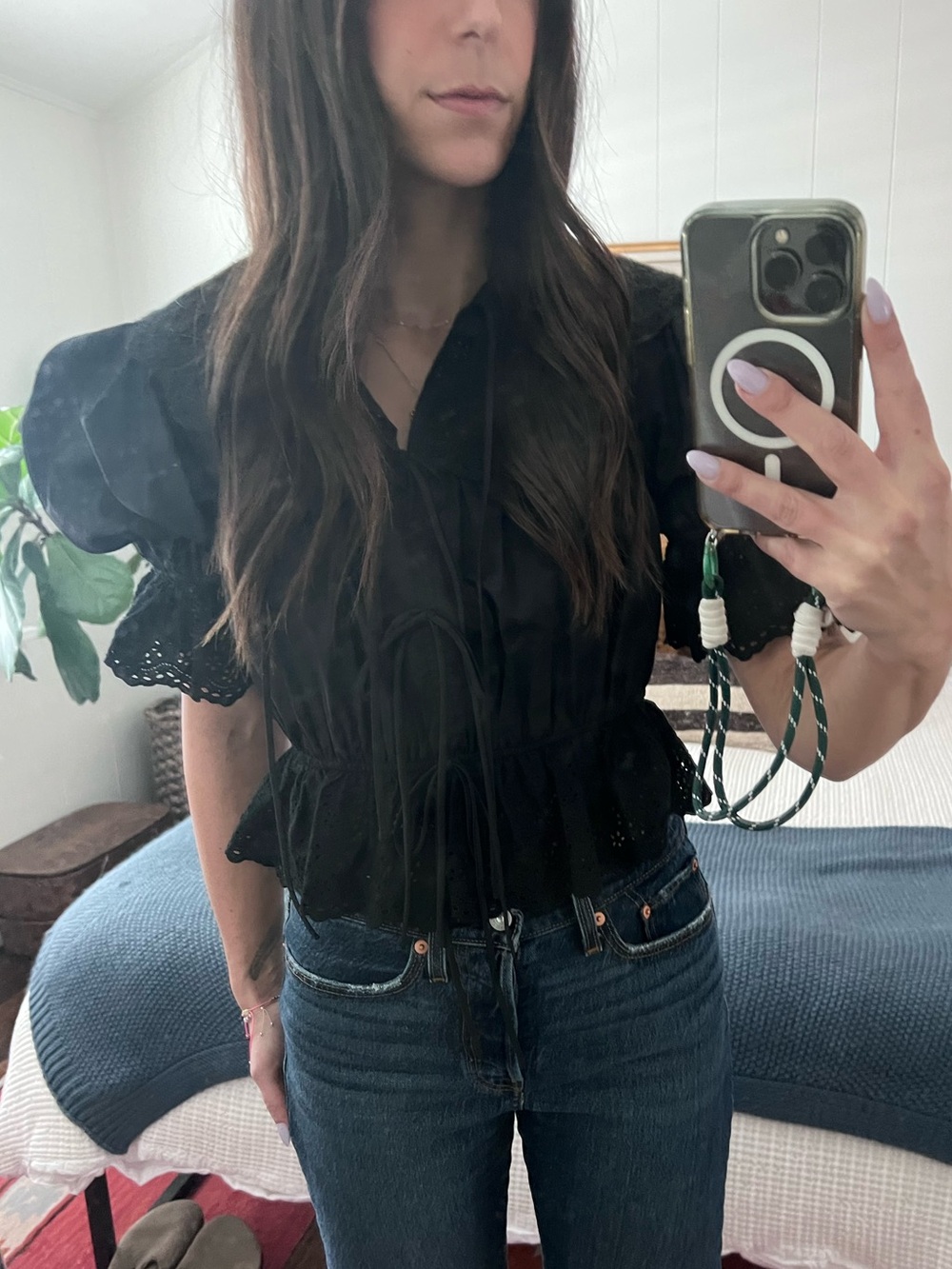 Black Eyelet Tie-Front Puff Sleeve Blouse